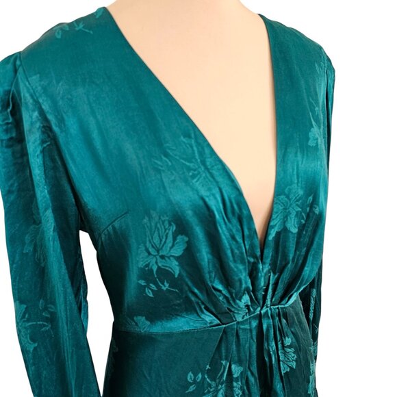 Lovers + Friends Emerald Green Satin Floral Long Sleeve Dress Sz M - Picture 2 of 12